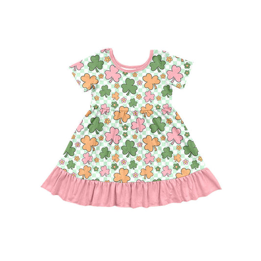 Preorder(moq 5) Baby Girls Clovers Flowers Checked St Patrick Ruffle Knee Length Dresses