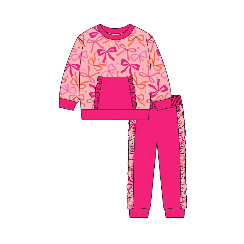 Preorder(moq 5) Baby Girls Bows Hearts Pocket Top Ruffle Pants Valentine Clothes Sets