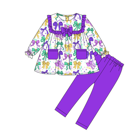 Preorder(moq 8)Baby Girls Mardigras Bows Stars Pocket Tunic Leggings Clothes Sets