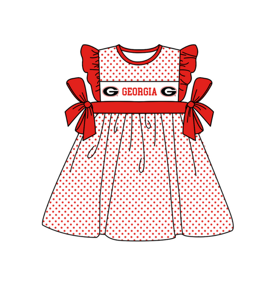 Preorder (moq 5)Baby Girls Flutter Sleeve Polka Dots Georgia Team Knee Length Dresses