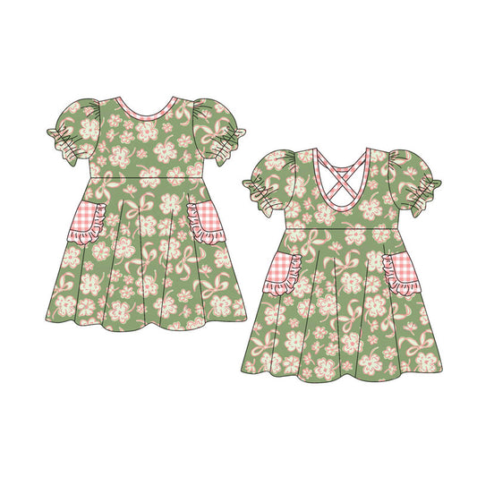 Preorder(moq 5) Baby Girls Short Ruffle Sleeve Bows Flowers Pockets Knee Length Dresses
