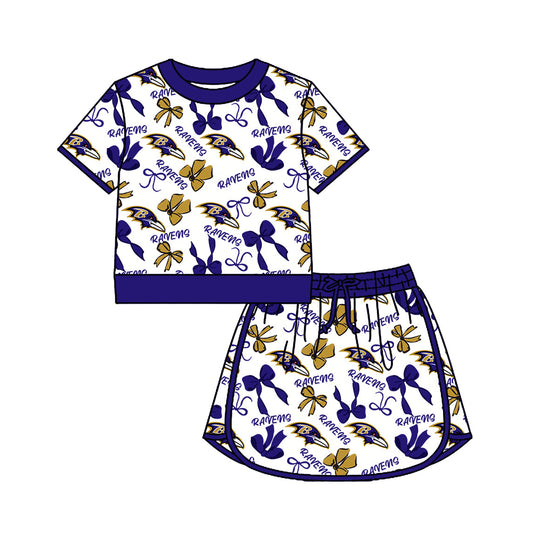 Preorder (moq 5)Baby Girls Bows B Ravens Top Skirt Short Team Clothes Set