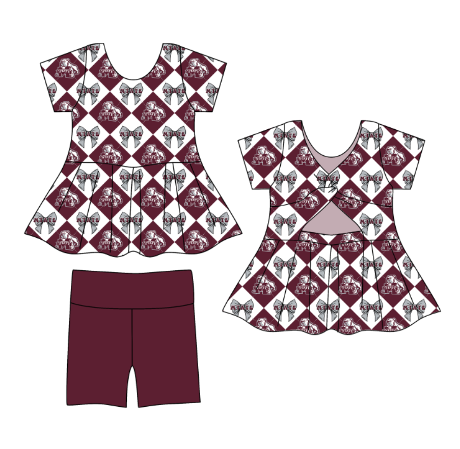 Preorder moq 5 Baby Girls Short Sleeve M State Bows Tunic Shorts Team Clothes Set