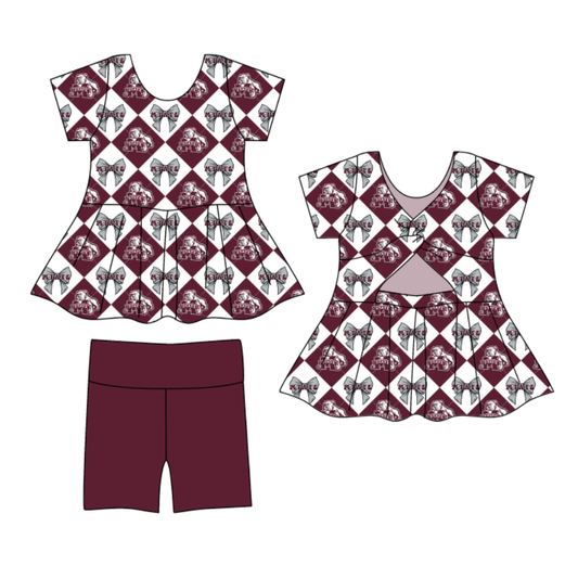 Preorder moq 5 Baby Girls Short Sleeve M State Bows Tunic Shorts Team Clothes Set