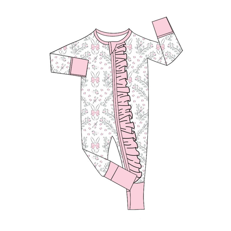 Preorder (moq 5)Baby Girls Pink Flowers Rabbits Easter Ruffle Zipper Footie Rompers