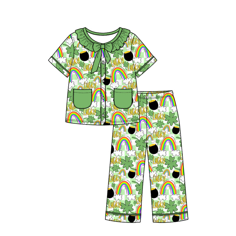 Preorder (moq 5) Baby Girl Clothes Lucky Rainbow Clover Mixed Print Short Sleeve Ruffle Bow Long Pant Pajama Set