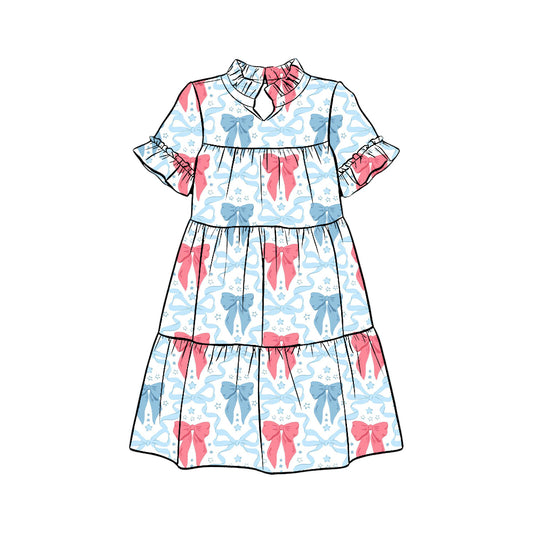 Preorder (moq 5)Baby Girls Bows Stars Stripe 4th of July Patchwork Knee Length Dresses