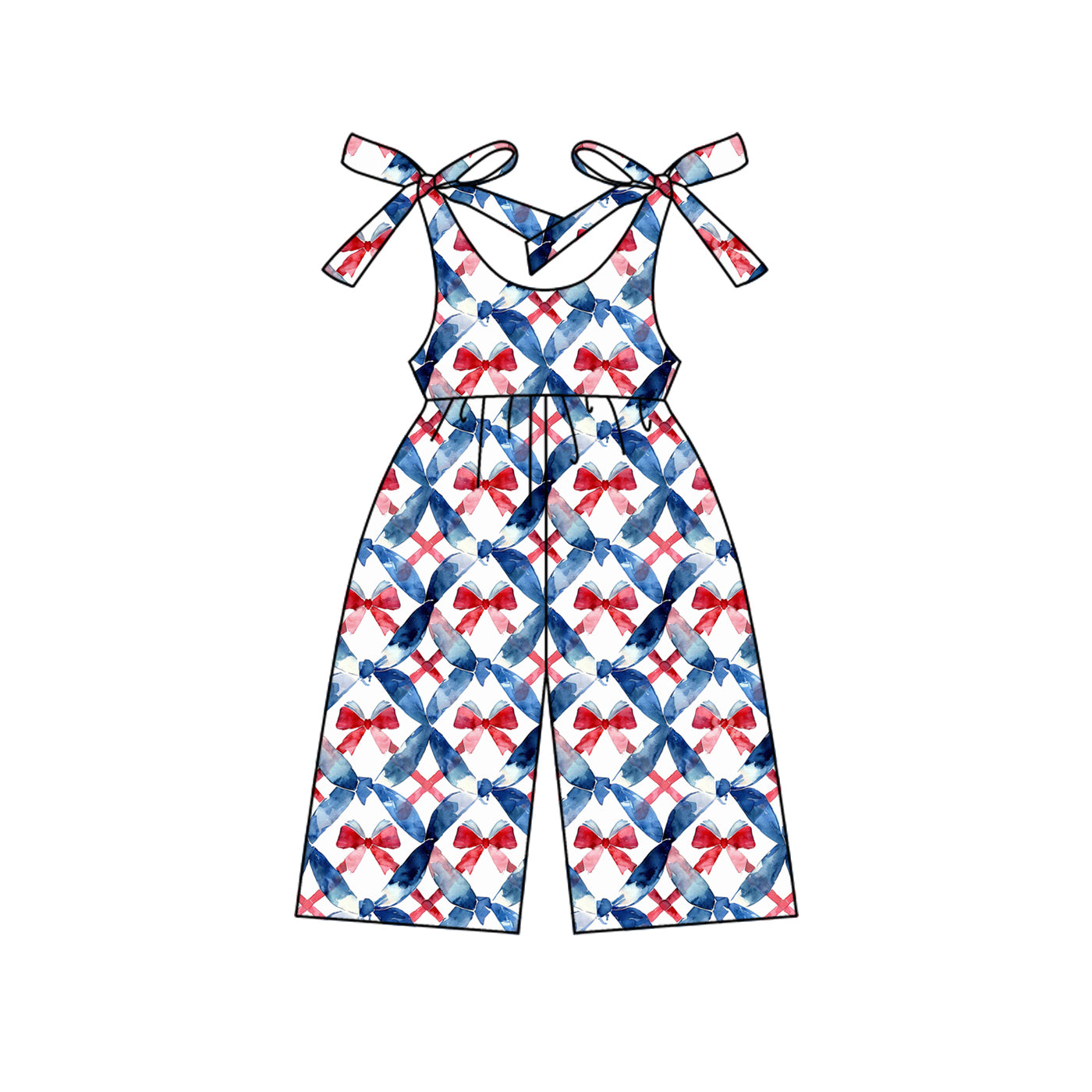 Preorder (moq 5)Baby Girls Strap Blue Red Bows 4th Of July Jumpsuits