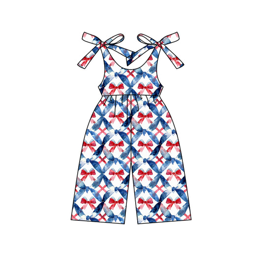 Preorder (moq 5)Baby Girls Strap Blue Red Bows 4th Of July Jumpsuits