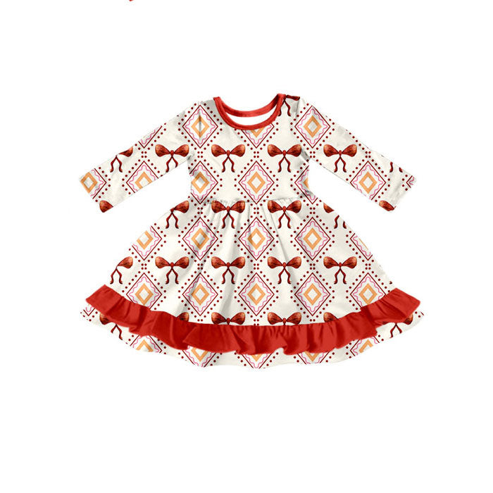 Preorder(moq 5) Baby Girls Orange Bows Aztec Plaid Western Ruffle Knee Length Dresses