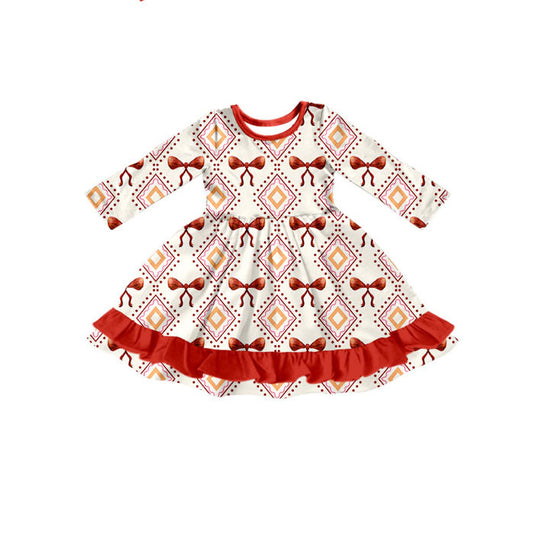 Preorder(moq 5) Baby Girls Orange Bows Aztec Plaid Western Ruffle Knee Length Dresses