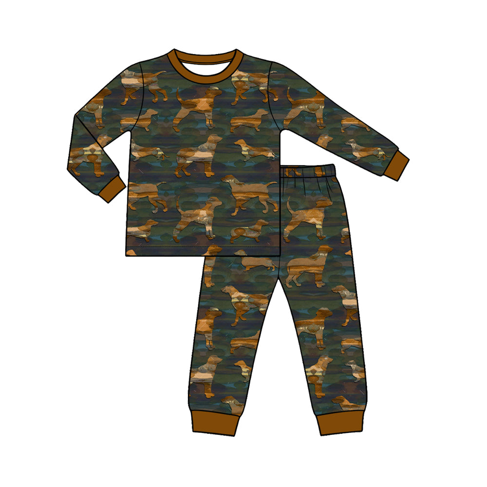 Preorder (moq 5) Baby Boy Clothes Dark Green Hunting Dog Print Long Sleeve Tee Pant Set