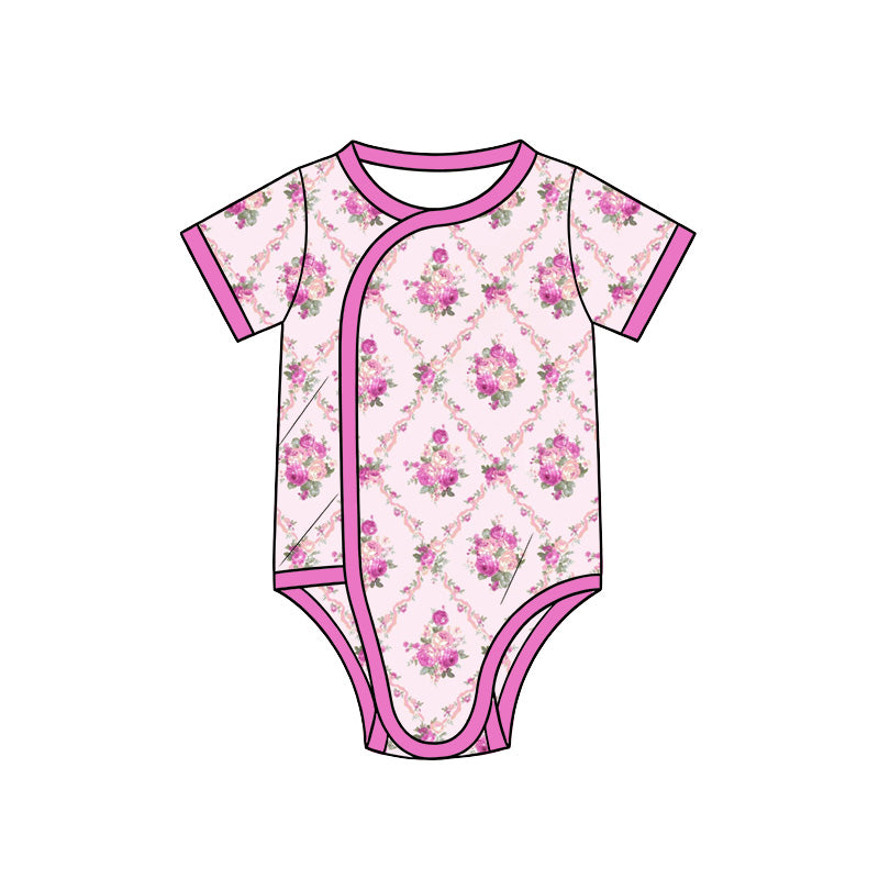 Preorder (moq 5) Baby Girl Clothes Pink Vintage Rose Mixed Print Short Sleeve Side Snap Baby Bodysuit
