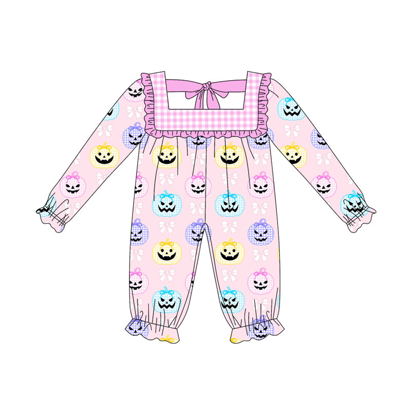 Preorder (moq 5)Baby Girls Pink Long Sleeves Bows Pumpkins Ruffle Pant Rompers