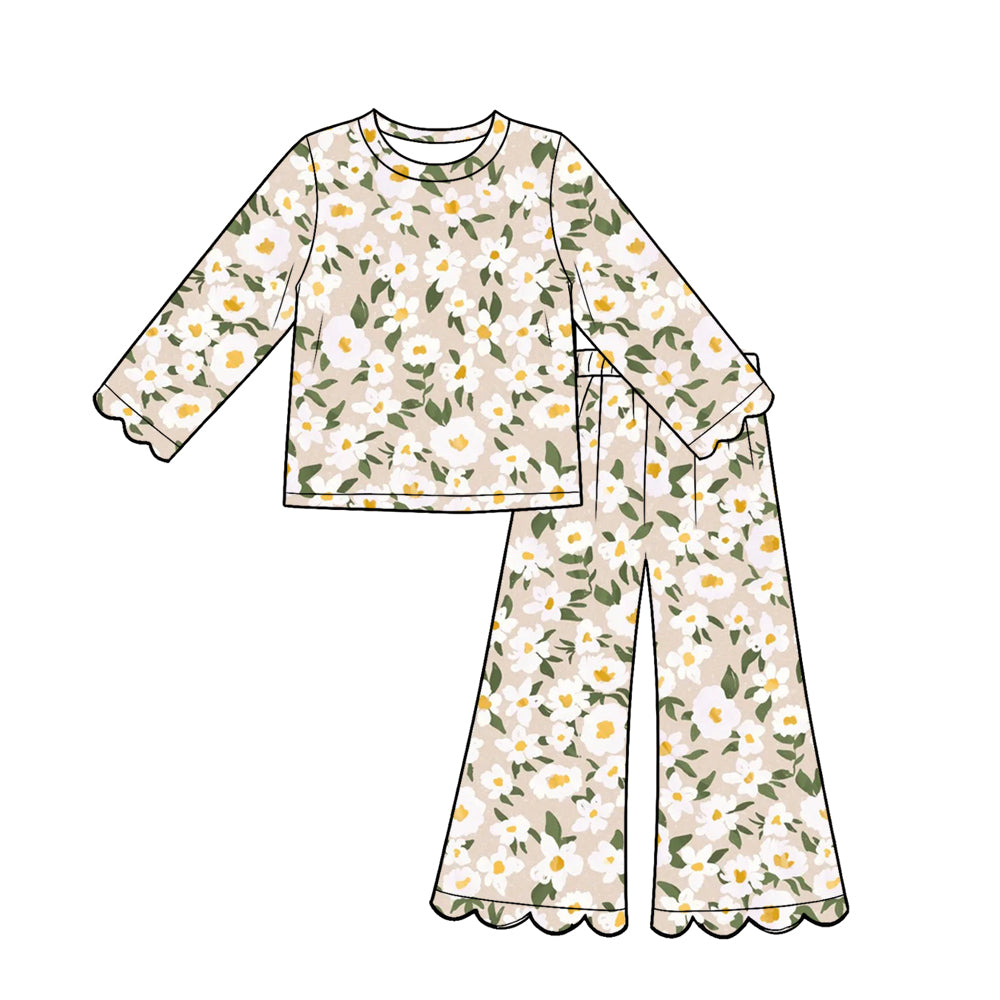 Preorder (moq 5) Baby Girl Clothes Khaki White Daisy Green Leaf Print Long Sleeve Top Scalloped Flare Pants Set