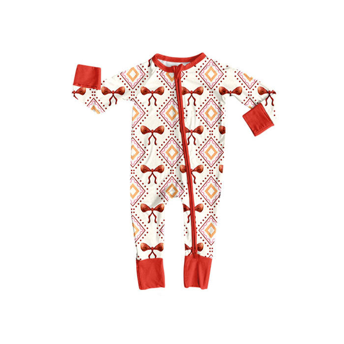 Preorder (moq 5)Baby Girls Orange Bows Aztec Plaid Western Zipper Footie Rompers