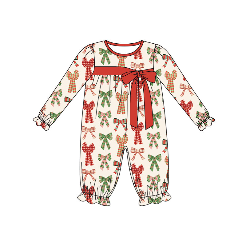 Preorder (moq 5)Baby Girls Long Ruffle Sleeves Green Red Plaid Bows Pant Rompers