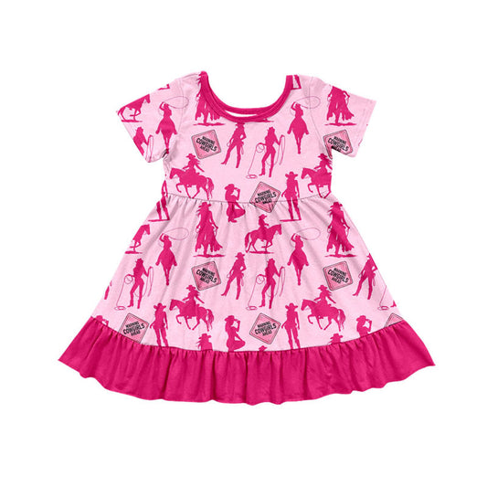 Preorder(moq 5) Baby Girls Hot Pink Horses Rodeos Western Ruffle Knee Length Dresses