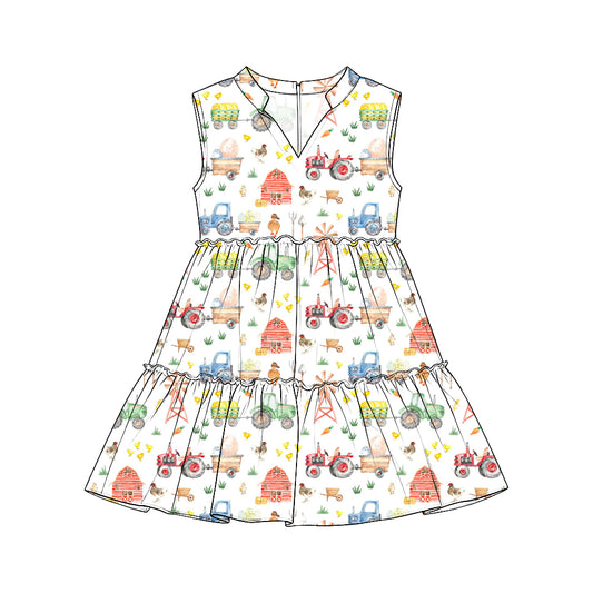 Preorder (moq 5) Girls Collared Sleeveless Tiered Dresses, Farm Tractor Windmill & House Print, Fall Harvest Thanksgiving Outfit