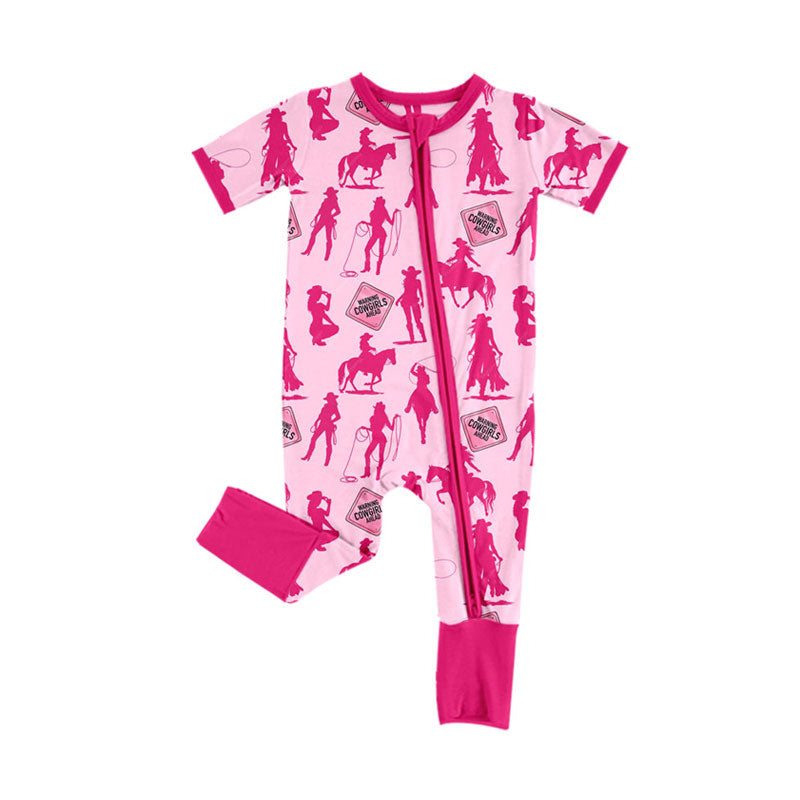 Preorder (moq 5)Baby Girls Hot Pink Horse Rodeos Western Zipper Footie Rompers