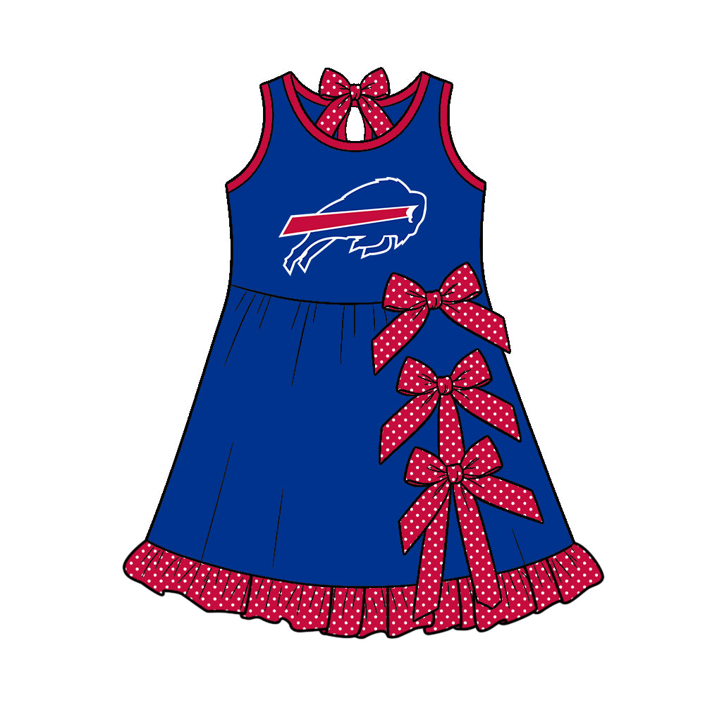 Preorder (moq 5)Baby Girls Sleeveless Buffalo Bows Short Team Knee Length Dress