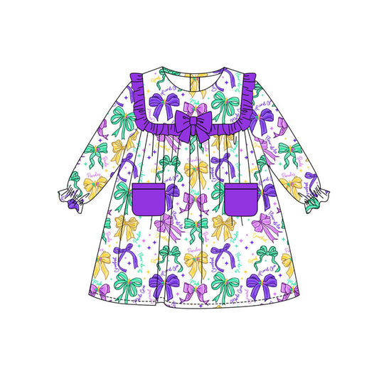 Preorder(moq 8)Baby Girls Mardigras Bows Stars Pocket Knee Length Dresses