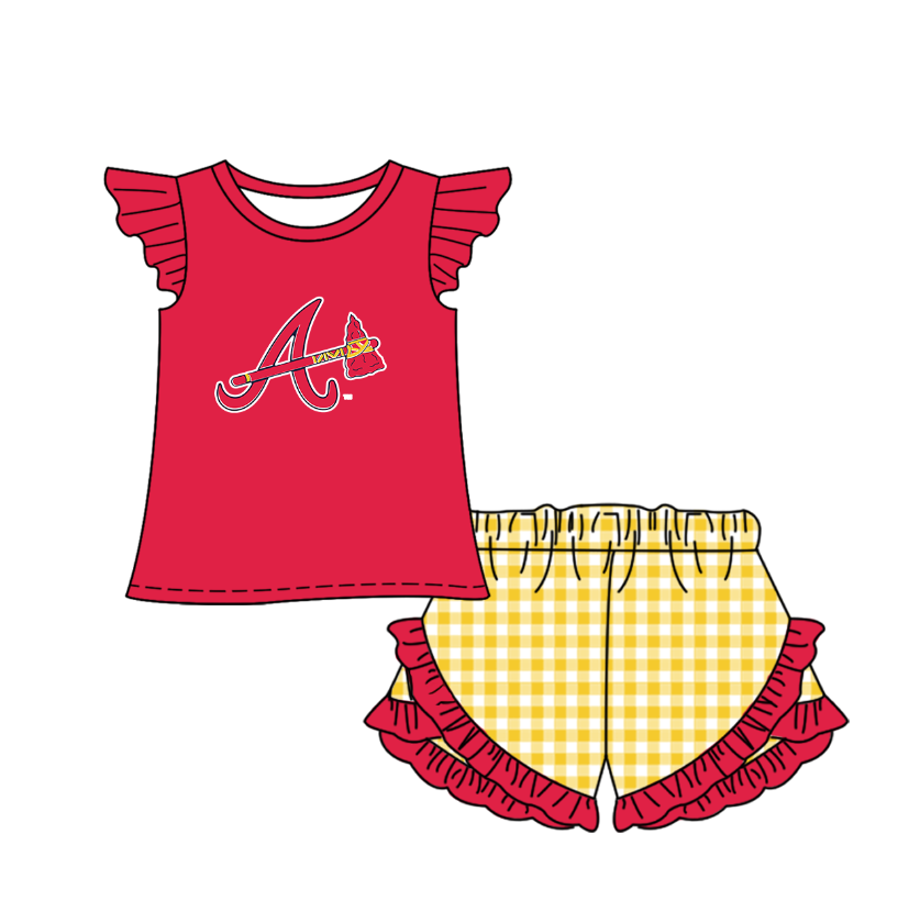 Preorder (moq 5)Baby Girls Atlanta Braves Shirt Top Checked Ruffle Short Team Clothes Set