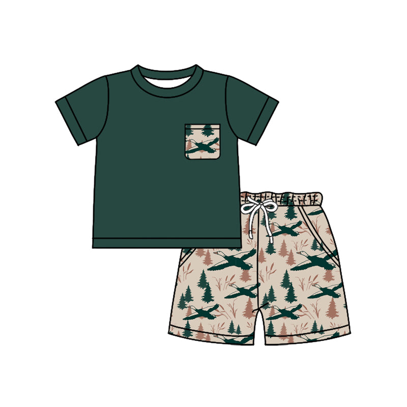 Preorder (moq 5)Baby Boys Green Short Sleeves Ducks Trees Top Pocket Short Sets Preorder