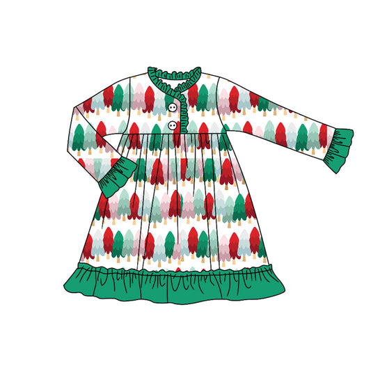 Preorder (moq 5)Baby Girls Colorful Christmas Trees Button Ruffle Knee Length Dresses