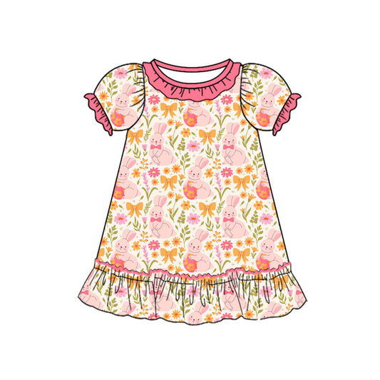 Preorder(moq 8)Baby Girls Rabbits Flowers Bows Easter Ruffle Knee Length Dresses