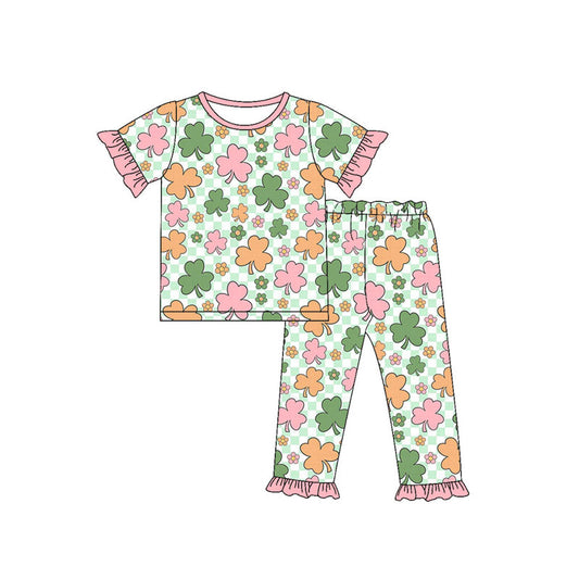 Preorder(moq 5) Baby Girls Clovers Flowers Checked Top Ruffle Pants St Patrick Pajamas Sets