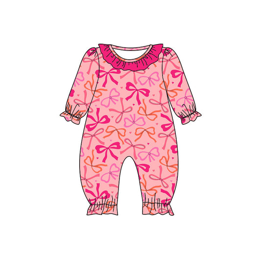 Preorder (moq 5)Baby Girls Bows Hearts Valentine Ruffle Footie Rompers