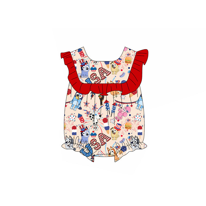 Preorder(moq 5)Baby Infant Girls Red Sleeveless Cartoon Dogs Firework 4th Of July Ruffle Rompers