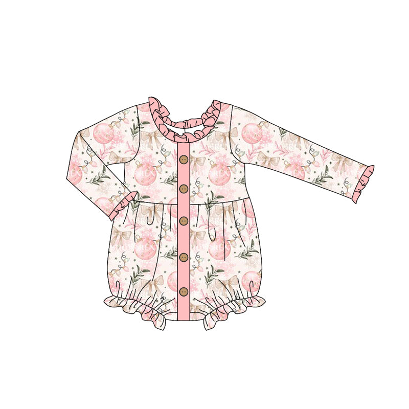 Preorder (moq 5)Baby Girls Long Sleeves Pink Bows Lights Button Ruffle Rompers
