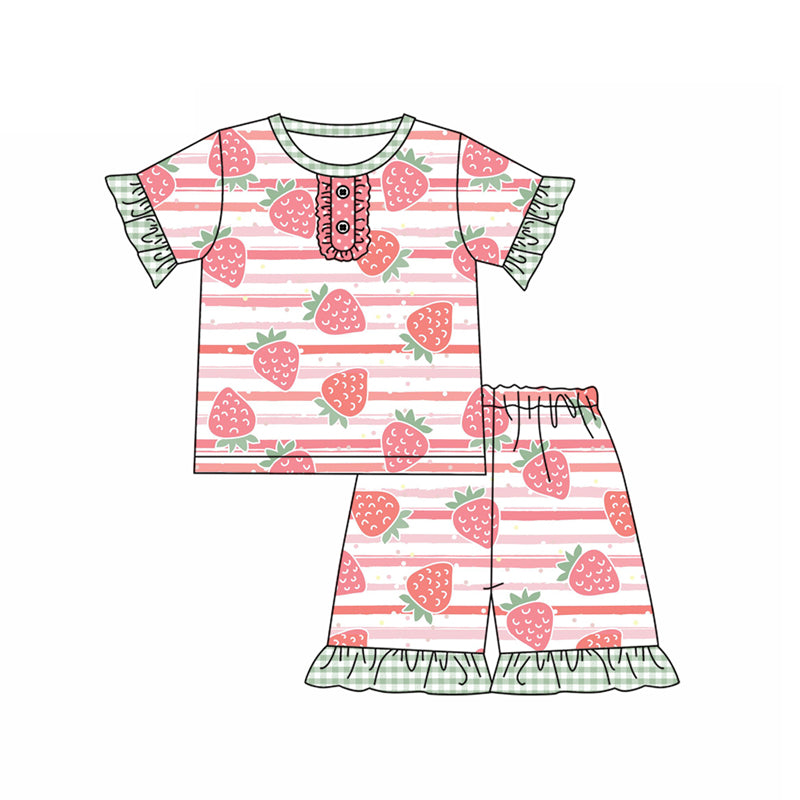 Preorder (moq 5)Baby Girls Short Ruffle Sleeves Button Pink Stripe Strawberry Top Short Pajamas Set