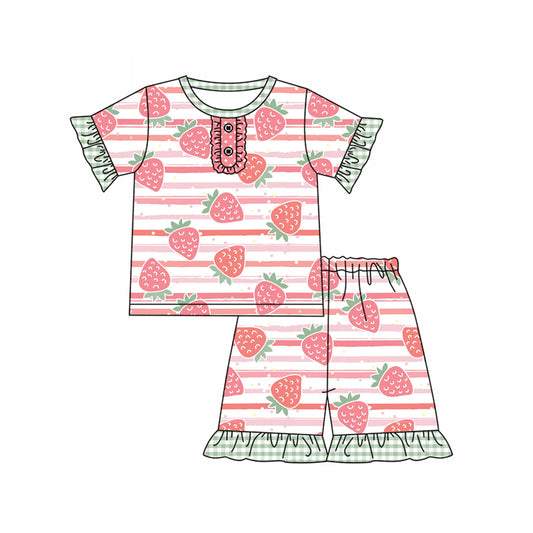 Preorder (moq 5)Baby Girls Short Ruffle Sleeves Button Pink Stripe Strawberry Top Short Pajamas Set
