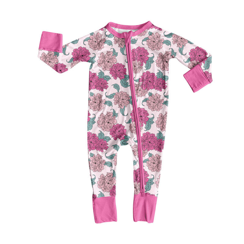 Preorder (moq 8)Baby Girls Pink Daisy Flowers Zipper Footie Rompers