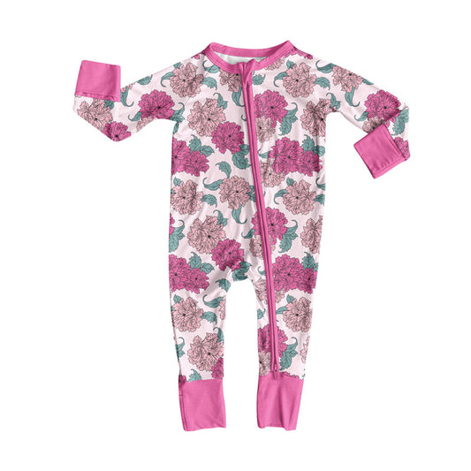 Preorder (moq 8)Baby Girls Pink Daisy Flowers Zipper Footie Rompers