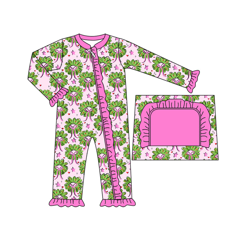 preorder(moq 5)Baby Infant Girls Pink Bows Holly Plaid Ruffle Christmas Zipper Rompers