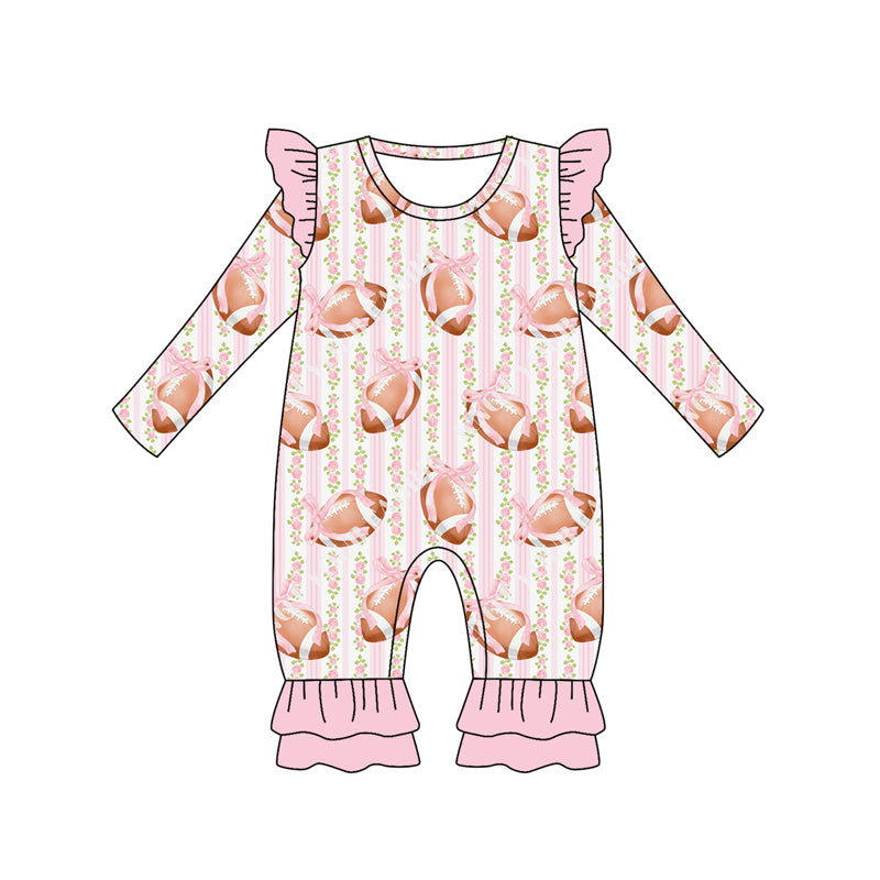 Preorder (moq 5)Baby Girls Long Sleeves Pink Bows Footballs Stripe Ruffle Pants Romper