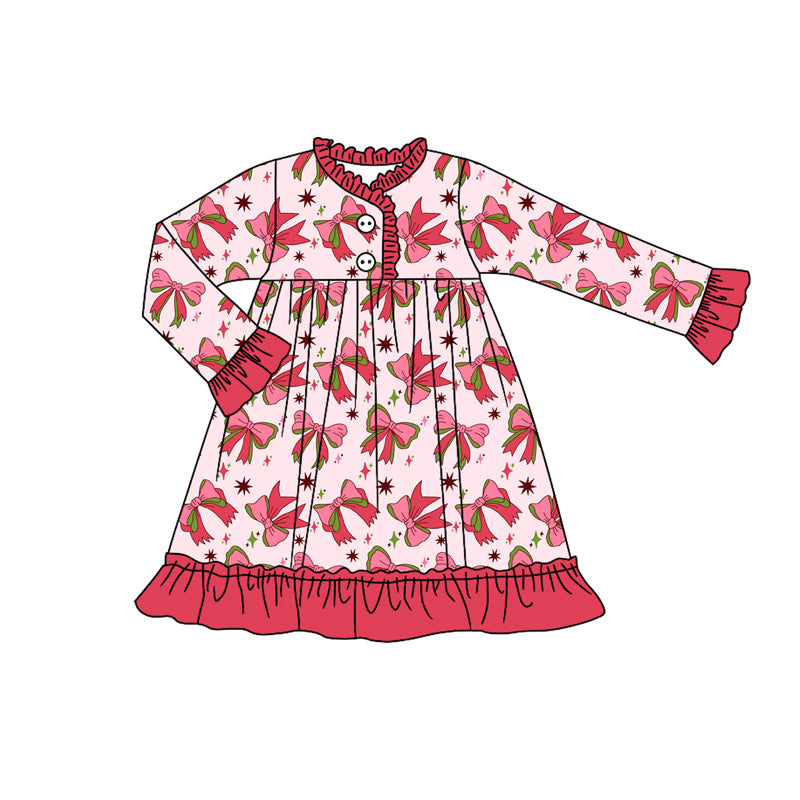 Preorder (moq 5)Baby Girls Long Sleeves Red Bows Stars Plaid Button Knee Length Dresses