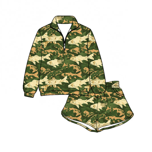 Preorder (moq 5)Baby Girls Fishes Camo Zip Pullovers Pockets Short Hunting Set