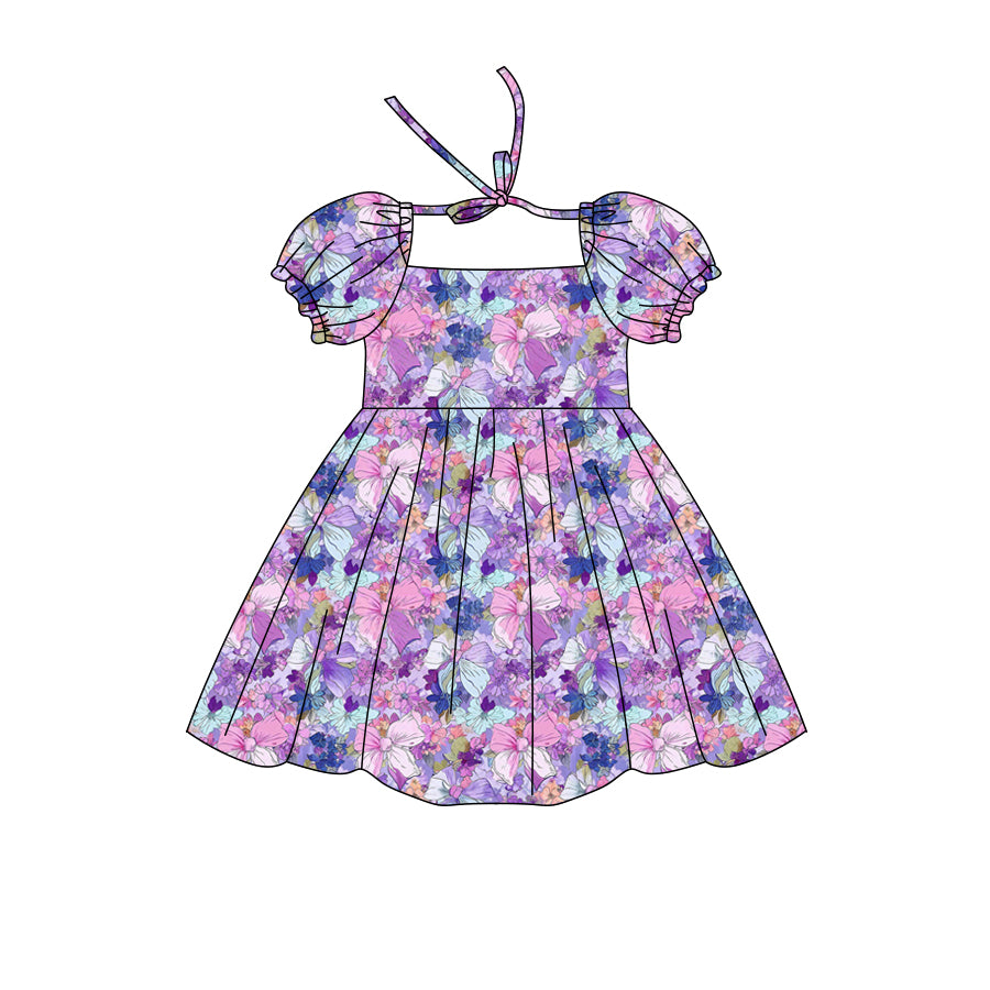 Preorder (moq 5)Baby Girls Short Ruffle Sleeve Colorful Bows Flowers Knee Length Dress