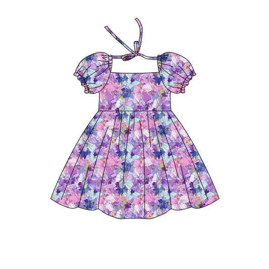Preorder (moq 5)Baby Girls Short Ruffle Sleeve Colorful Bows Flowers Knee Length Dress