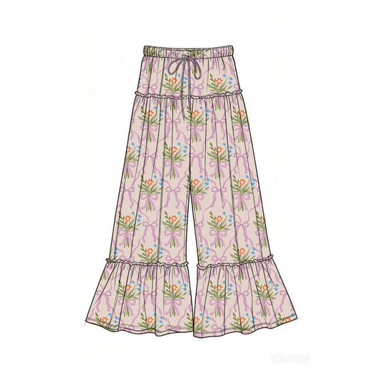 Preorder (moq 5)Baby Girls Bows Flowers Checked Bell Bottom Pants