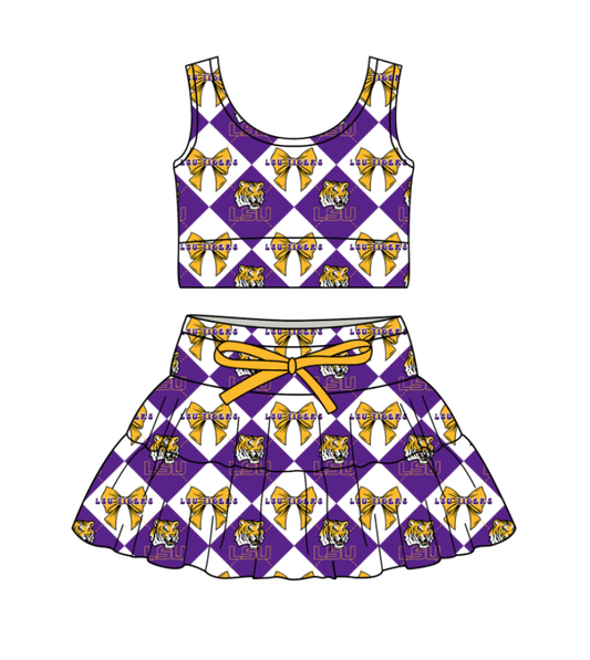 Preorder (moq 5)Baby Girls Team Bows Checked Vests Top Skirt Shorts Clothes Sets