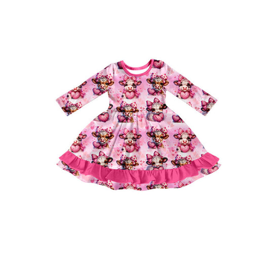 Preorder(moq 5) Baby Girls Pink Hearts Highland Cows Valentine Ruffle Knee Length Dresses