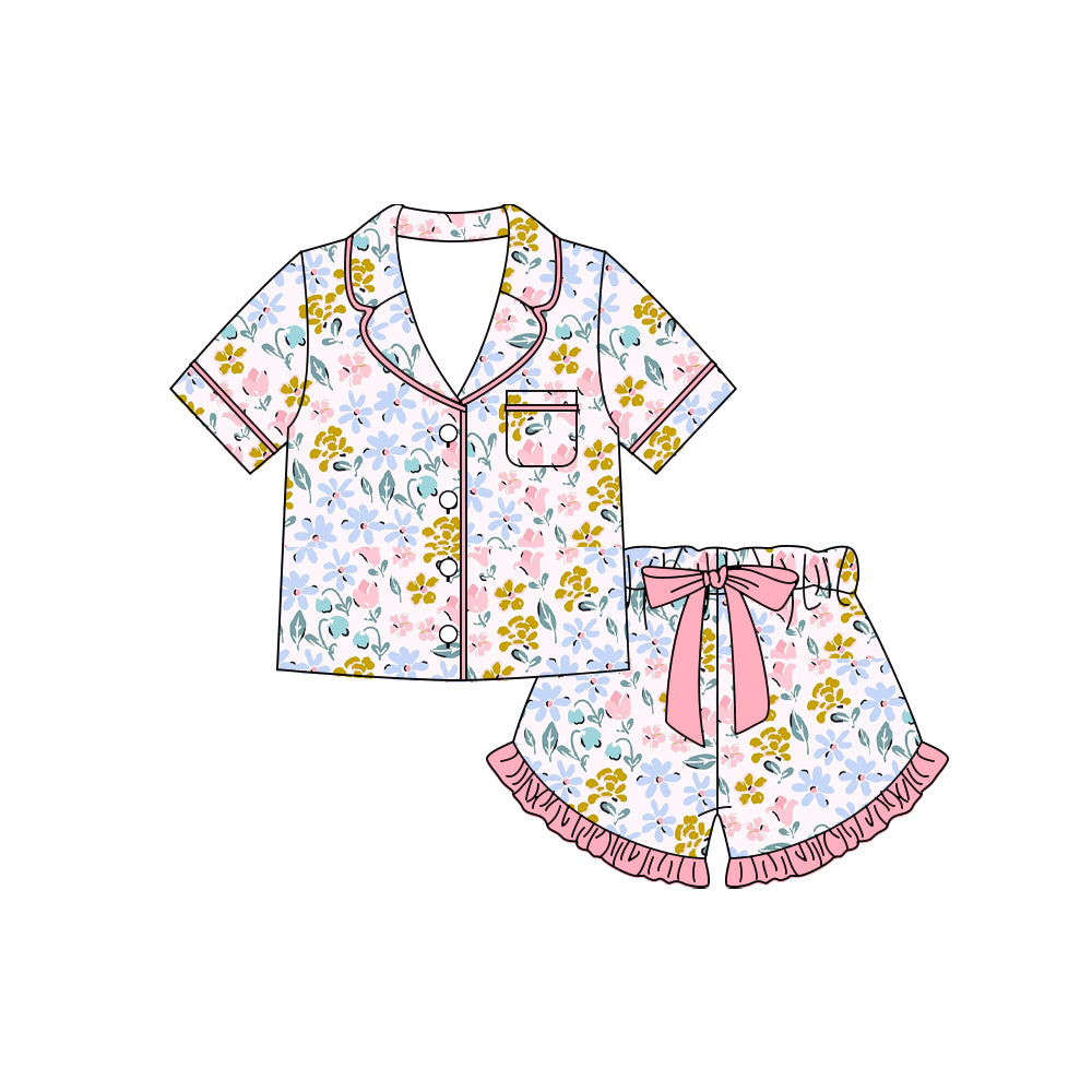 Preorder moq 5 Baby Girls Colorful Flowers Button Pocket Top Ruffle Shorts Pajamas Sets