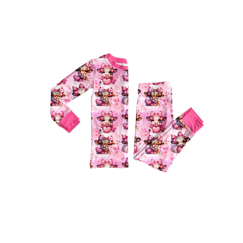 Preorder(moq 5) Baby Girls Pink Hearts Highland Cows Top Pants Valentine Pajamas Sets