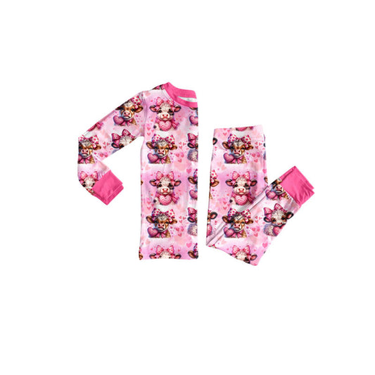 Preorder(moq 5) Baby Girls Pink Hearts Highland Cows Top Pants Valentine Pajamas Sets